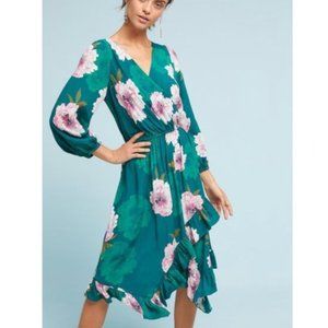 Tracy Reese Green V-neck floral ruffle dress S